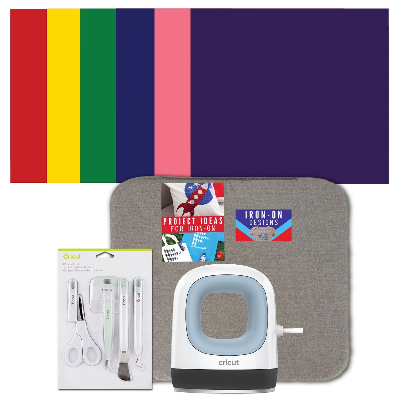 Cricut EasyPress Mini - Blue Heat Press Machine with 12x12 Easy Press Mat and Rainbow Iron-On Roll Bundle